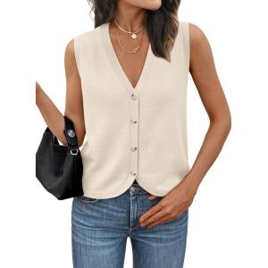 imageLILLUSORY Womens Vest Tops Knit Sleeveless Sweaters Button Down V Neck Casual Clothes Trendy Summer Outfits 2025Apricot
