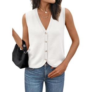 imageLILLUSORY Womens Vest Tops Knit Sleeveless Sweaters Button Down V Neck Casual Clothes Trendy Summer Outfits 2025White