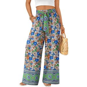 imageLILLUSORY Womens Boho Wide Leg Pants High Waist Adjustable Casual Palazzo Trousers Floral Beach Vacation Clothes 2025 Floral Green M