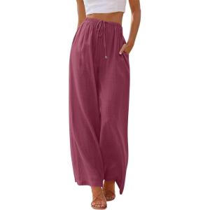 imageLILLUSORY Womens Linen Summer Palazzo Pants Flowy Wide Leg Beach Pants with PocketsBerry