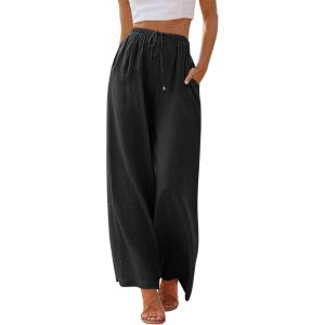 imageLILLUSORY Womens Linen Summer Palazzo Pants Flowy Wide Leg Beach Pants with PocketsBlack