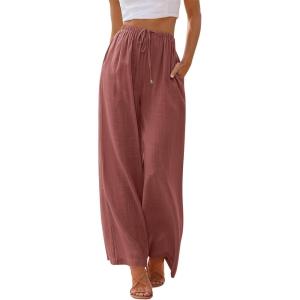 imageLILLUSORY Womens Linen Summer Palazzo Pants Flowy Wide Leg Beach Pants with PocketsBrick Red