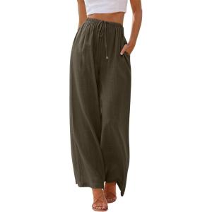 imageLILLUSORY Womens Linen Summer Palazzo Pants Flowy Wide Leg Beach Pants with PocketsCoffee