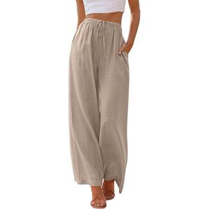imageLILLUSORY Womens Linen Summer Palazzo Pants Flowy Wide Leg Beach Pants with PocketsDark Khaki