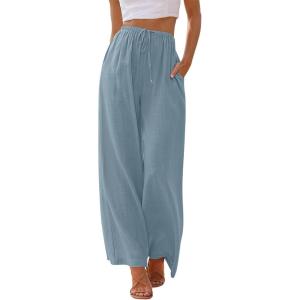 imageLILLUSORY Womens Linen Summer Palazzo Pants Flowy Wide Leg Beach Pants with PocketsDusty Blue