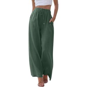 imageLILLUSORY Womens Linen Summer Palazzo Pants Flowy Wide Leg Beach Pants with PocketsForest Green