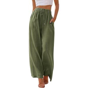 imageLILLUSORY Womens Linen Summer Palazzo Pants Flowy Wide Leg Beach Pants with PocketsGreen