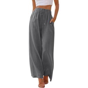 imageLILLUSORY Womens Linen Summer Palazzo Pants Flowy Wide Leg Beach Pants with PocketsGrey