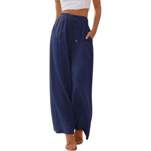 imageLILLUSORY Womens Linen Summer Palazzo Pants Flowy Wide Leg Beach Pants with PocketsNavy Blue