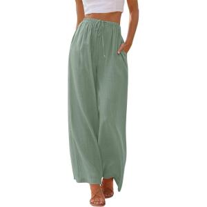 imageLILLUSORY Womens Linen Summer Palazzo Pants Flowy Wide Leg Beach Pants with PocketsSage