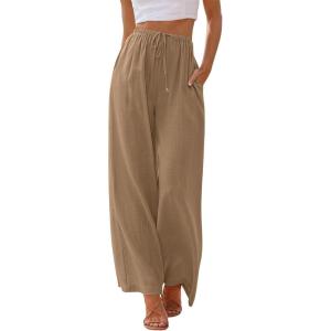 imageLILLUSORY Womens Linen Summer Palazzo Pants Flowy Wide Leg Beach Pants with PocketsTan