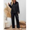 imageLILLUSORY Satin Silk Pajama Set for Women Fall 2 Piece Button Up Side Slit Matching Pjs Cute Long Sleeve Lounge Shirts PantsBlack