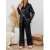 imageLILLUSORY Satin Silk Pajama Set for Women Fall 2 Piece Button Up Side Slit Matching Pjs Cute Long Sleeve Lounge Shirts PantsBlack