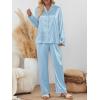 imageLILLUSORY Satin Silk Pajama Set for Women Fall 2 Piece Button Up Side Slit Matching Pjs Cute Long Sleeve Lounge Shirts PantsLight Blue