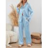 imageLILLUSORY Satin Silk Pajama Set for Women Fall 2 Piece Button Up Side Slit Matching Pjs Cute Long Sleeve Lounge Shirts PantsLight Blue