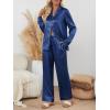 imageLILLUSORY Satin Silk Pajama Set for Women Fall 2 Piece Button Up Side Slit Matching Pjs Cute Long Sleeve Lounge Shirts PantsNavy