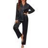 imageLILLUSORY Satin Silk Pajama Set for Women Fall 2 Piece Button Up Side Slit Matching Pjs Cute Long Sleeve Lounge Shirts PantsBlack