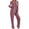 imageLILLUSORY Womens Cotton Pajamas Sets Long Sleeve Lounge Warm Sleepwear 2 pieces Fall Clothes With PocketsRed