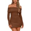 imageLILLUSORY Womens Folded Neck Off The Shoulder Long Sleeve Mini Going Out Bodycon Pullover Sweater Dress 2025Caramel