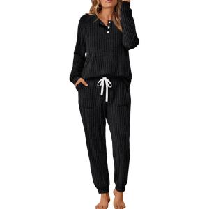 imageLILLUSORY 2 Piece Lounge Sets for Women Fall Lightweight Cute Soft Pajamas Two Piece Comfy Loungewear Travel Matching SetBlack