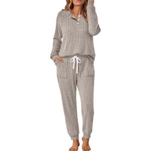imageLILLUSORY 2 Piece Lounge Sets for Women Fall Lightweight Cute Soft Pajamas Two Piece Comfy Loungewear Travel Matching SetKhaki