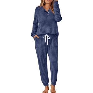 imageLILLUSORY 2 Piece Lounge Sets for Women Fall Lightweight Cute Soft Pajamas Two Piece Comfy Loungewear Travel Matching SetNavy