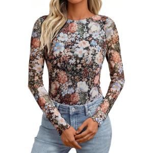 imageLILLUSORY Boat Neck DoubleLayer Lace Long Sleeve Sheer Floral Mesh Going Out Tops Fall Fashion Outfits 2025Floral Fierce
