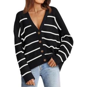imageLILLUSORY Cardigan Sweaters for Women 2025 Early Fall Fashion Oversized Lightweight Sweater V Neck Knit Work Casual Outfits Clothes Button Tops Shirts BlousesStriped Black