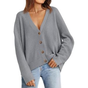imageLILLUSORY Cardigan Sweaters for Women 2025 Early Fall Fashion Oversized Lightweight Sweater V Neck Knit Work Casual Outfits Clothes Button Tops Shirts BlousesLight Grey
