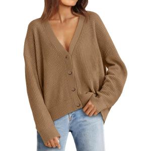 imageLILLUSORY Cardigan Sweaters for Women 2025 Early Fall Fashion Oversized Lightweight Sweater V Neck Knit Work Casual Outfits Clothes Button Tops Shirts BlousesKhaki