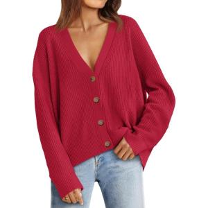 imageLILLUSORY Cardigan Sweaters for Women 2025 Early Fall Fashion Oversized Lightweight Sweater V Neck Knit Work Casual Outfits Clothes Button Tops Shirts BlousesRed