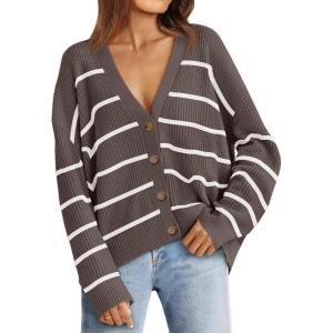 imageLILLUSORY Cardigan Sweaters for Women 2025 Early Fall Fashion Oversized Lightweight Sweater V Neck Knit Work Casual Outfits Clothes Button Tops Shirts BlousesStriped Nutmeg