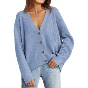 imageLILLUSORY Cardigan Sweaters for Women 2025 Early Fall Fashion Oversized Lightweight Sweater V Neck Knit Work Casual Outfits Clothes Button Tops Shirts BlousesLight Blue
