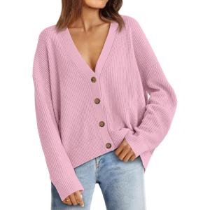 imageLILLUSORY Cardigan Sweaters for Women 2025 Early Fall Fashion Oversized Lightweight Sweater V Neck Knit Work Casual Outfits Clothes Button Tops Shirts BlousesPink