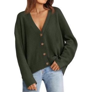 imageLILLUSORY Cardigan Sweaters for Women 2025 Early Fall Fashion Oversized Lightweight Sweater V Neck Knit Work Casual Outfits Clothes Button Tops Shirts BlousesArmy Green