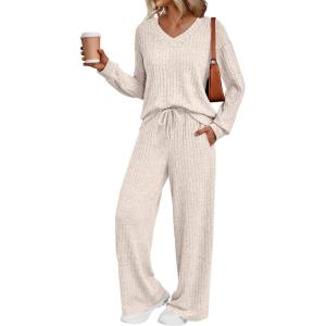 imageLILLUSORY Lounge Sets for Women 2 Piece Cute Long Sleeve V Neck Tops Pajama Pants Pjs Sets Sleepwears Fall Clothes OutfitsApricot
