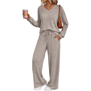 imageLILLUSORY Lounge Sets for Women 2 Piece Cute Long Sleeve V Neck Tops Pajama Pants Pjs Sets Sleepwears Fall Clothes OutfitsBeige