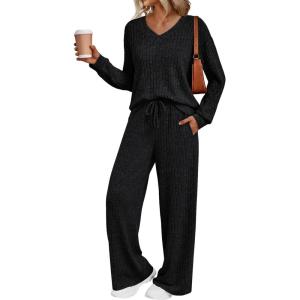 imageLILLUSORY Lounge Sets for Women 2 Piece Cute Long Sleeve V Neck Tops Pajama Pants Pjs Sets Sleepwears Fall Clothes OutfitsBlack