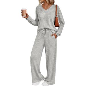 imageLILLUSORY Lounge Sets for Women 2 Piece Cute Long Sleeve V Neck Tops Pajama Pants Pjs Sets Sleepwears Fall Clothes OutfitsLightgrey