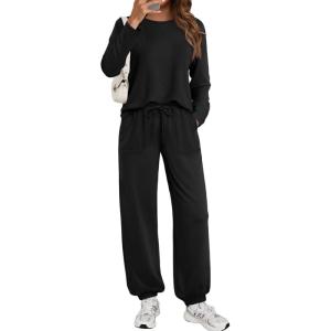 imageLILLUSORY Lounge Sets for Women Sweatsuits 2 Piece Outfit Two Piece Set Fall Matching Clothing Long Sleeve Tops Jogger PantsBlack