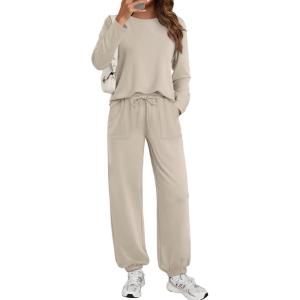 imageLILLUSORY Lounge Sets for Women Sweatsuits 2 Piece Outfit Two Piece Set Fall Matching Clothing Long Sleeve Tops Jogger PantsKhaki