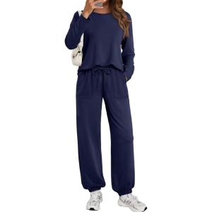 imageLILLUSORY Lounge Sets for Women Sweatsuits 2 Piece Outfit Two Piece Set Fall Matching Clothing Long Sleeve Tops Jogger PantsNavyblue