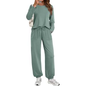 imageLILLUSORY Lounge Sets for Women Sweatsuits 2 Piece Outfit Two Piece Set Fall Matching Clothing Long Sleeve Tops Jogger PantsSagegreen
