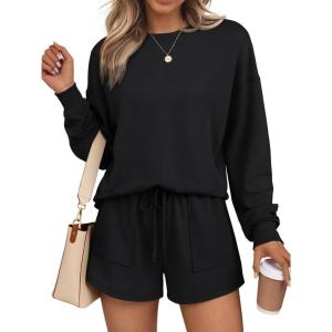 imageLILLUSORY Lounge Sets for Women Two Piece Sweat Short Set Pajama Matching Outfits with Pocket 2025 Fall Fashion ClothesBlack