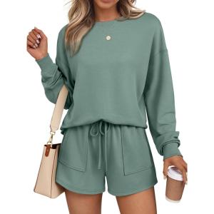 imageLILLUSORY Lounge Sets for Women Two Piece Sweat Short Set Pajama Matching Outfits with Pocket 2025 Fall Fashion ClothesGreen