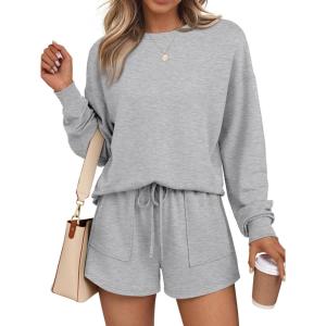 imageLILLUSORY Lounge Sets for Women Two Piece Sweat Short Set Pajama Matching Outfits with Pocket 2025 Fall Fashion ClothesGrey