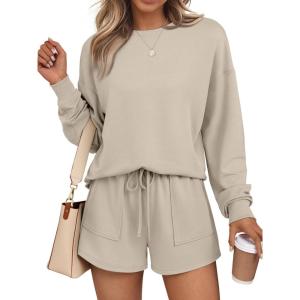 imageLILLUSORY Lounge Sets for Women Two Piece Sweat Short Set Pajama Matching Outfits with Pocket 2025 Fall Fashion ClothesKhaki