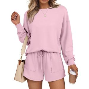 imageLILLUSORY Lounge Sets for Women Two Piece Sweat Short Set Pajama Matching Outfits with Pocket 2025 Fall Fashion ClothesPink