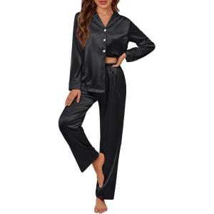 imageLILLUSORY Satin Silk Pajama Set for Women Fall 2 Piece Button Up Side Slit Matching Pjs Cute Long Sleeve Lounge Shirts PantsBlack