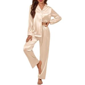 imageLILLUSORY Satin Silk Pajama Set for Women Fall 2 Piece Button Up Side Slit Matching Pjs Cute Long Sleeve Lounge Shirts PantsGold